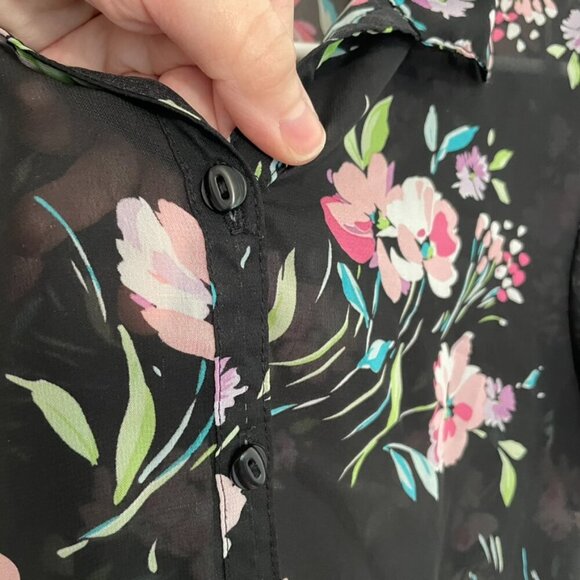 VINTAGE SAG HARBOR Black Pink Floral Short Sleeve Sheer Button Down PETITE Large - Picture 6 of 14